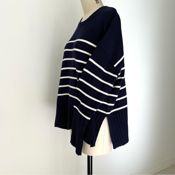 Gap 24/7 Split-Hem Crewneck Sweater NWT Cotton Navy White Stripe L - Picture 4 of 8